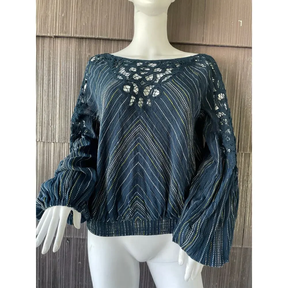 🔥Free People Floating Memories Navy Blouse Lace Panel Balloon Sleeves Boho M